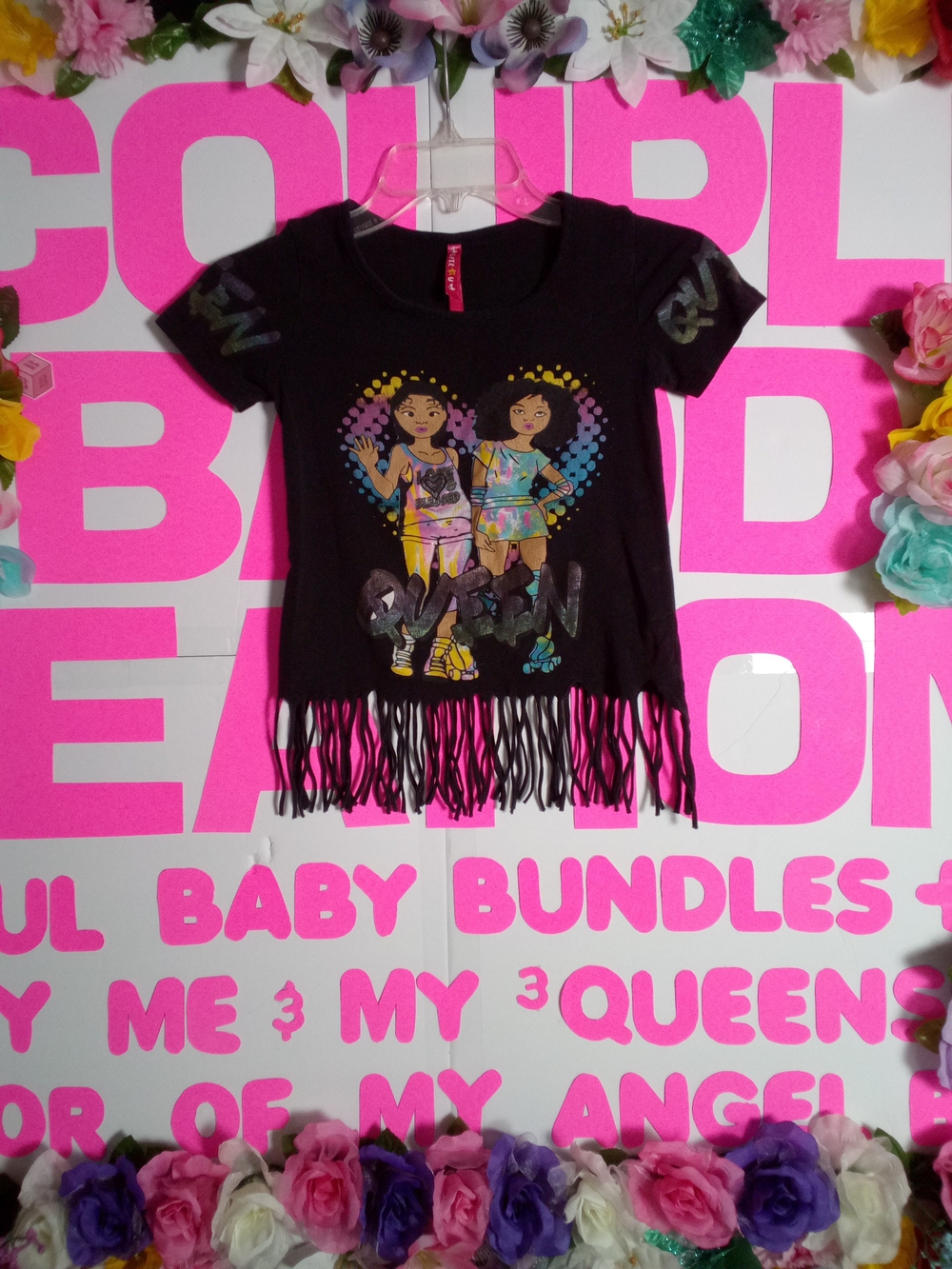 Graphic Fringe Black Tee with Colorful Twin Girls